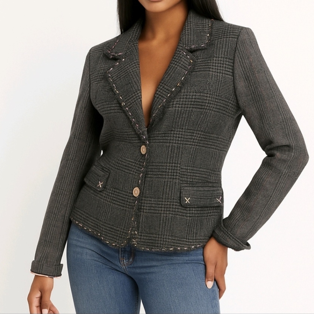 Wet Seal Jacket Blazer Gray Plaid Pink Stitching Wool Blend Junior Size M